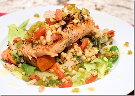 Salmon with corn and pepper salsa green pepper sauce and potato2